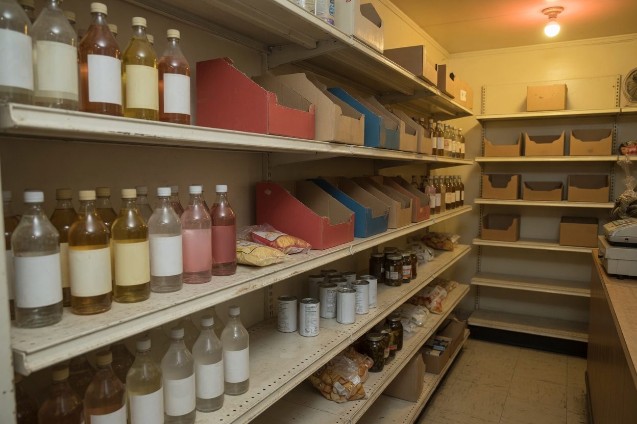 Shop shelves of everyday goods, shown as an illustration of convenience-store retail.